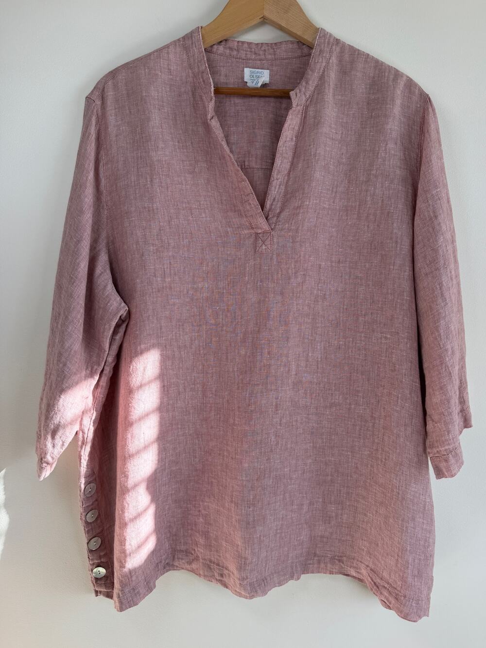 Sigrid Olsen Linen Tunic Top Womens 2X Dusty Rose Pink V Neck Boho 3/4 Sleeve